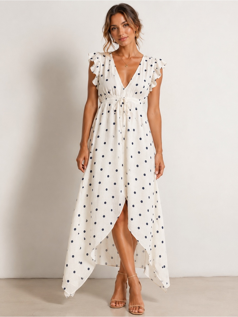 Essue White Polka Dot Tie-Waist Midi Dress SZ M ruffle sleeves pinup